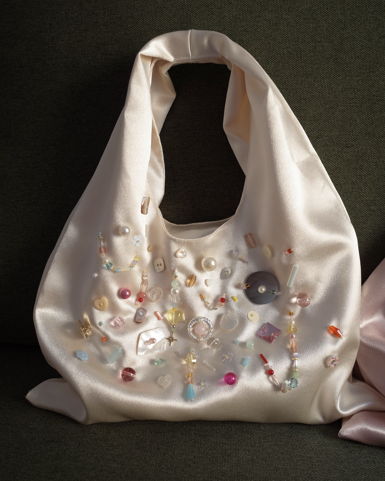 Handmade Beaded Underarm Triangle Bag - Simple, light champagne beaded triangle bag