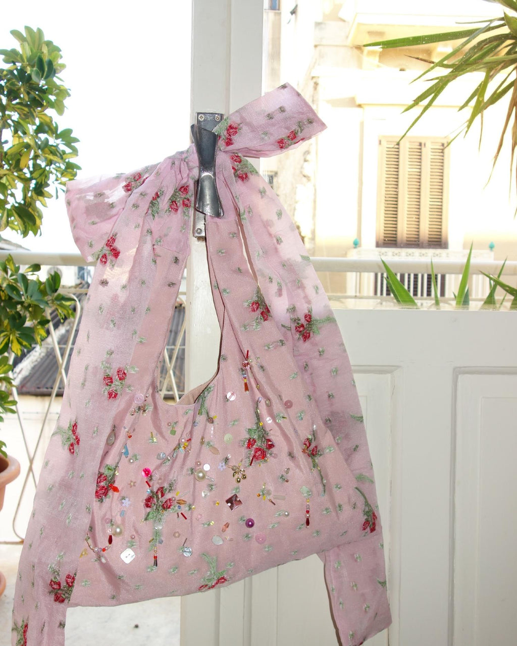 Silk Rose Hand-Beaded Underarm Triangle Bag - Pink