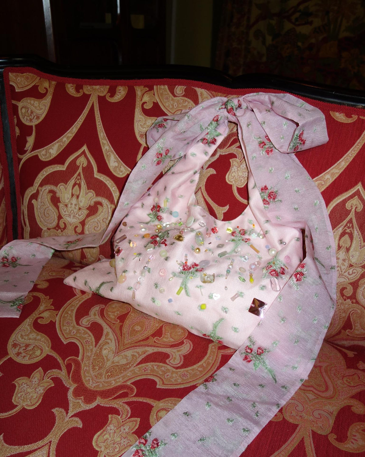 Silk rose beaded bag with bow ties, styled