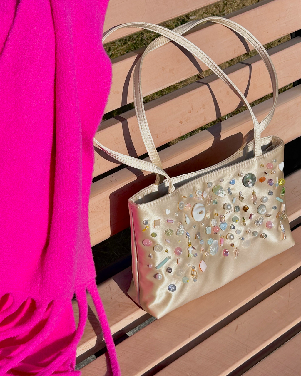 Hand-Beaded Underarm Rectangular Bag Satin - Champagne