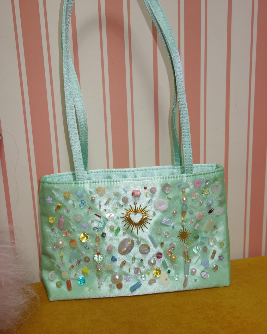 Mint satin beaded shoulder bag, styled