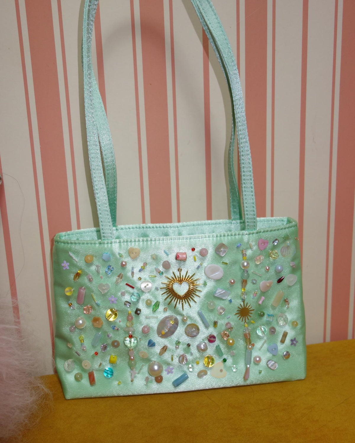 Mint satin beaded shoulder bag, styled