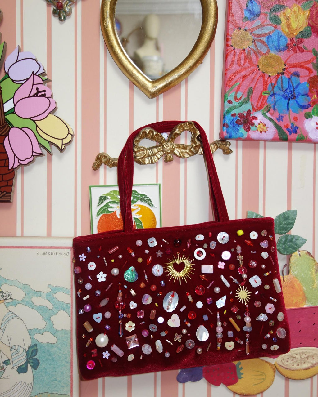Cherry-red velvet beaded shoulder bag, styled