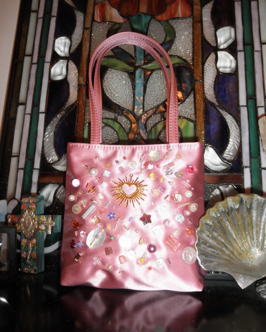 Hand-Beaded Underarm Square Bag Satin - Pink