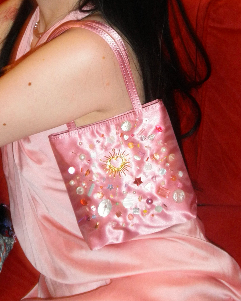 Hand-Beaded Underarm Square Bag (Satin)