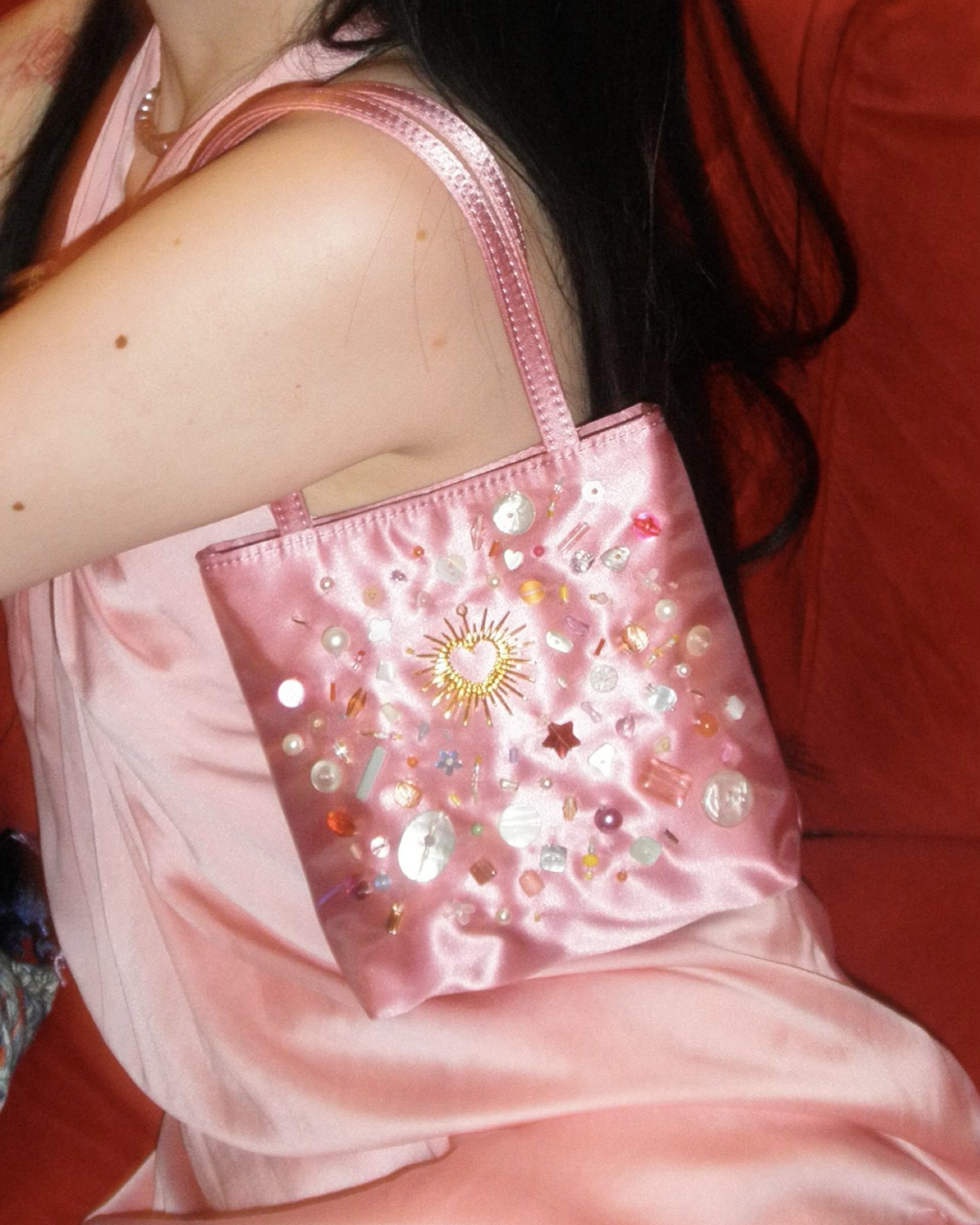 Hand-Beaded Underarm Square Bag (Satin)