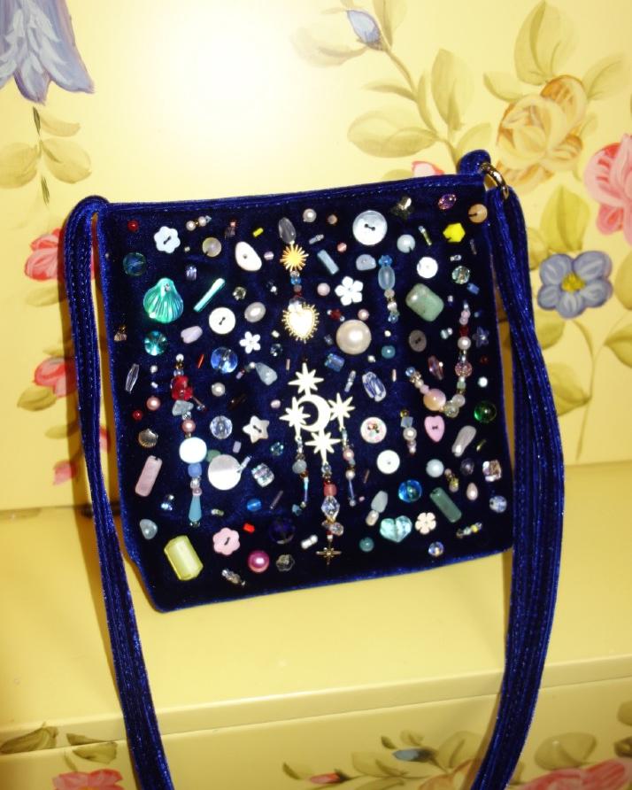 Hand-Beaded Underarm Square Bag Velvet - Navy
